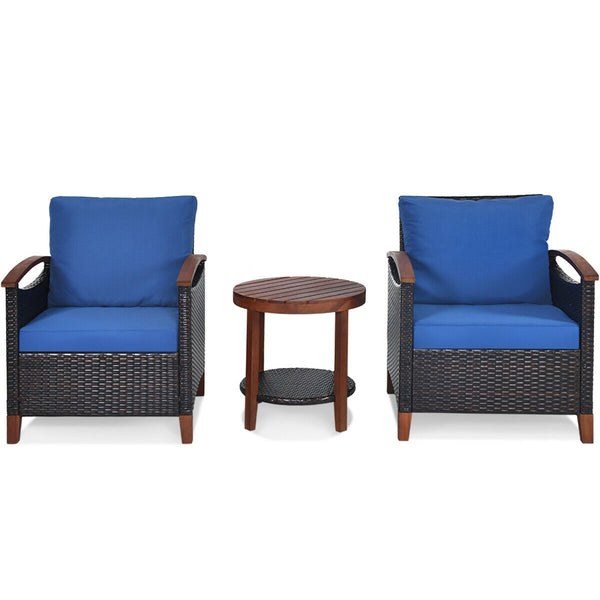 Made of tightly woven all-weather rattan to ensure durability<br>Acacia wood frame and thickened legs provide powerful support<br>The space-saving table can be used as an end table  side table  or coffee table<br>Thick cushions filled with premium sponge 
