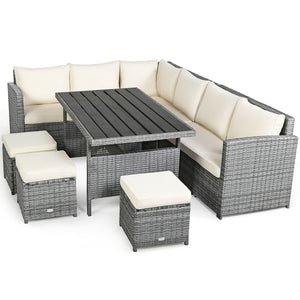Packages include 3 loveseats  3 ottomans  1 table  6 seat cushions  7 back cushions  and instruction<br>Packages come in 4 boxes<br>Powder-coated steel structure provides strong durability and stability<br>All-weather and wear-resistant rattan ensures lon