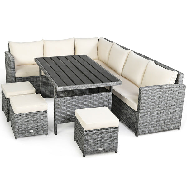 Packages include 3 loveseats  3 ottomans  1 table  6 seat cushions  7 back cushions  and instruction<br>Packages come in 4 boxes<br>Powder-coated steel structure provides strong durability and stability<br>All-weather and wear-resistant rattan ensures lon