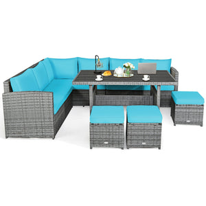 Packages include 3 loveseats  3 ottomans  1 table  6 seat cushions  7 back cushions  and instruction<br>Packages come in 4 boxes<br>Powder-coated steel structure provides strong durability and stability<br>All-weather and wear-resistant rattan ensures lon
