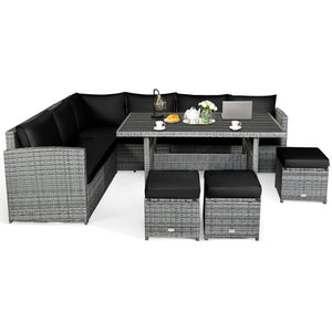 Packages include 3 loveseats  3 ottomans  1 table  6 seat cushions  7 back cushions  and instruction<br>Packages come in 4 boxes<br>Powder-coated steel structure provides strong durability and stability<br>All-weather and wear-resistant rattan ensures lon