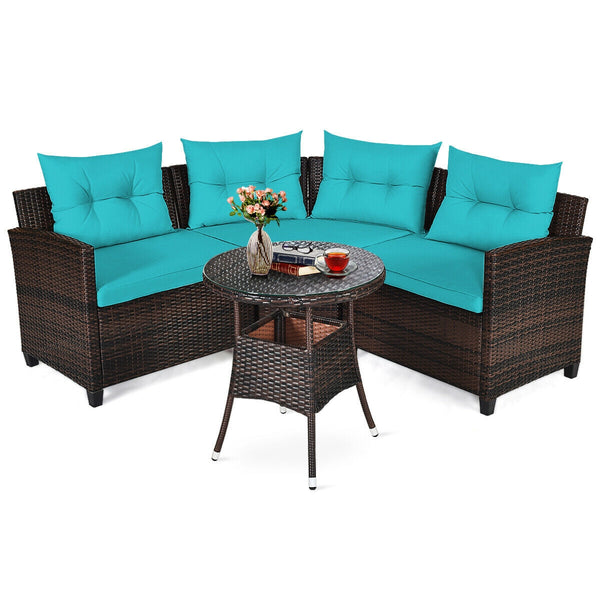 The sturdy and durable steel frame ensures sturdiness of the set<br>Tight and hand-woven rattan can withstand moderate rain or wind<br>Thick and soft cushion with a high-density sponge for your hip and back<br>Cover with the zipper of the seat cushion is 