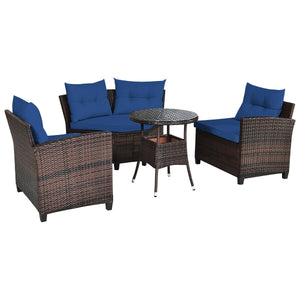 The sturdy and durable steel frame ensures sturdiness of the set<br>Tight and hand-woven rattan can withstand moderate rain or wind<br>Thick and soft cushion with a high-density sponge for your hip and back<br>Cover with the zipper of the seat cushion is 