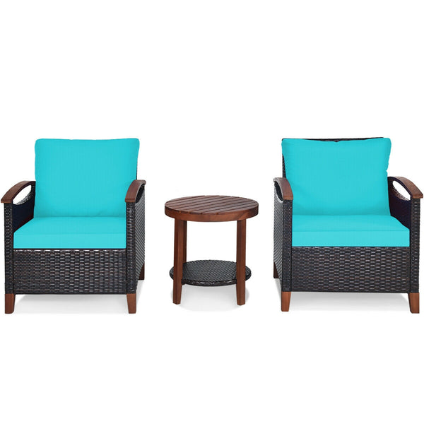Made of tightly woven all-weather rattan to ensure durability<br>Acacia wood frame and thickened legs provide powerful support<br>The space-saving table can be used as an end table  side table  or coffee table<br>Thick cushions filled with premium sponge 