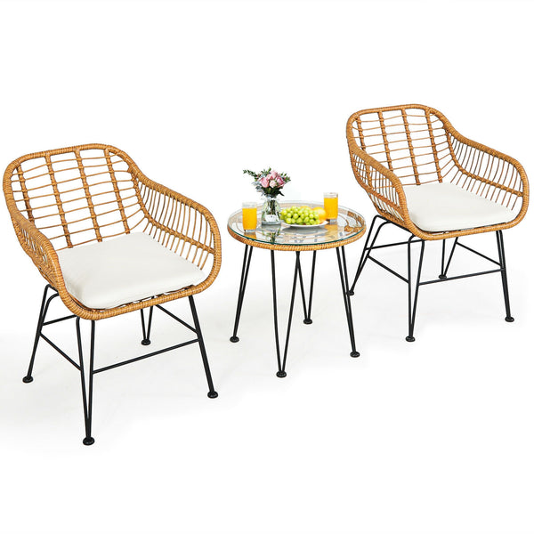 Premium wicker ensures high resistance to weather/sunlight/water<br>Heavy-duty steel frame with rust-resistant powder coated surface<br>High density sponge padded cushions provide great comfort<br>Tempered glass tabletop to place small decor  snacks and d
