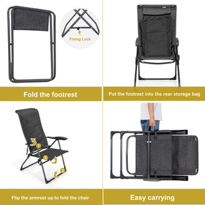 Made of solid steel and high-strength fabric  this patio chair set can load up to 300lbs for long term use. Â  Since its folding design  this patio chair set can be stored and carried without taking up much living space. Also  the 7-gear adjustable backre