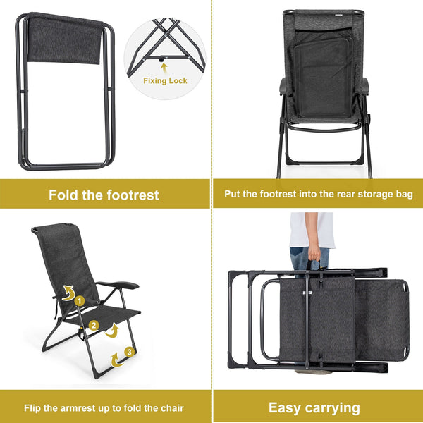 Made of solid steel and high-strength fabric  this patio chair set can load up to 300lbs for long term use. Â  Since its folding design  this patio chair set can be stored and carried without taking up much living space. Also  the 7-gear adjustable backre