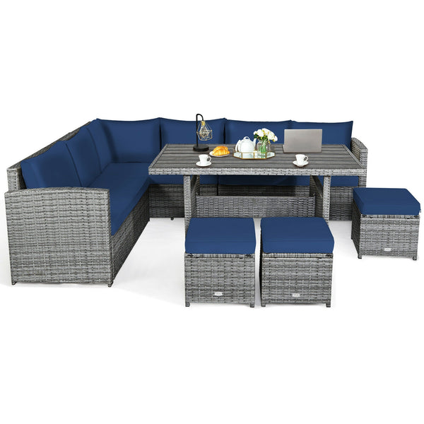 Packages include 3 loveseats  3 ottomans  1 table  6 seat cushions  7 back cushions  and instruction<br>Packages come in 4 boxes<br>Powder-coated steel structure provides strong durability and stability<br>All-weather and wear-resistant rattan ensures lon