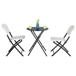 This 3-piece rattan dining chair and table set includes 1 folding dining table and 2 chairs  which will bring an elegant atmosphere to your patio or deck. Â  The heavy-duty steel frame provides a solid foundation for this delightful dining set. Besides  d
