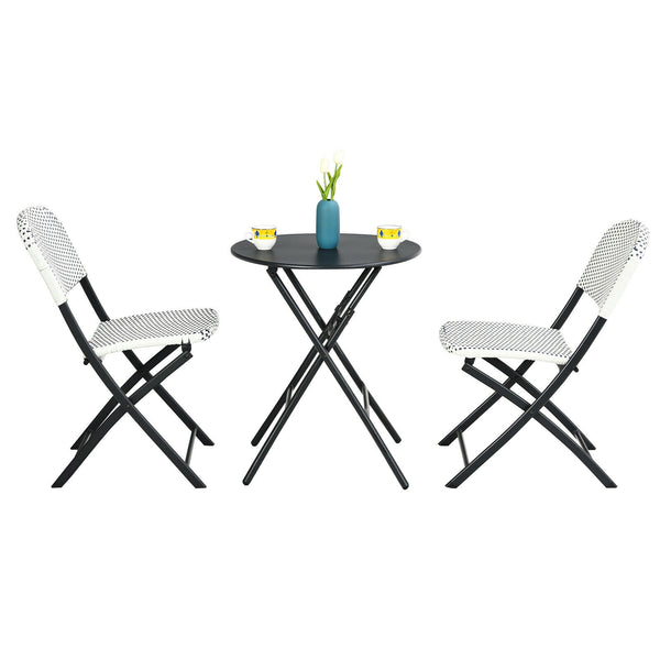This 3-piece rattan dining chair and table set includes 1 folding dining table and 2 chairs  which will bring an elegant atmosphere to your patio or deck. Â  The heavy-duty steel frame provides a solid foundation for this delightful dining set. Besides  d