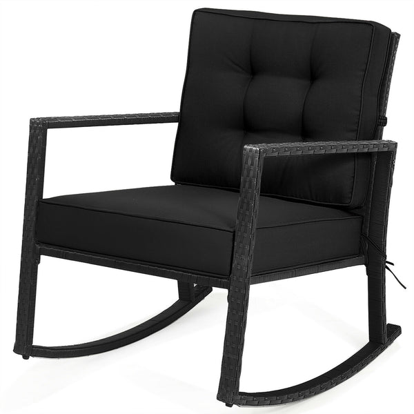 Sturdy and durable frame with exquisite rattan <br>Comfortable and safe rocking function <br>Thick and soft cushion for seat and back <br>Cushions are fixed by strings to prevent a move <br>Pads at the bottom can avoid sliding and protect rattan <br>Desig