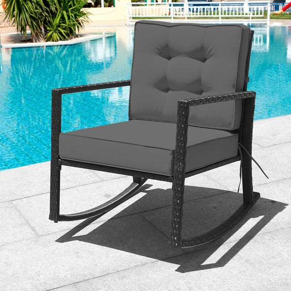 Sturdy and durable frame with exquisite rattan <br>Comfortable and safe rocking function <br>Thick and soft cushion for seat and back <br>Cushions are fixed by strings to prevent a move <br>Pads at the bottom can avoid sliding and protect rattan <br>Desig