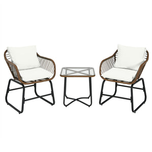 Including 2 x Armchair  1 x Square table  2 x Seat cushion  2 x Back cushion  1 x Instruction <br>Includes 2 armchairs  1 side table and 4 cushions <br>Weather-resistant PE rattan can be used for a long time <br>Armchair with solid construction can hold u