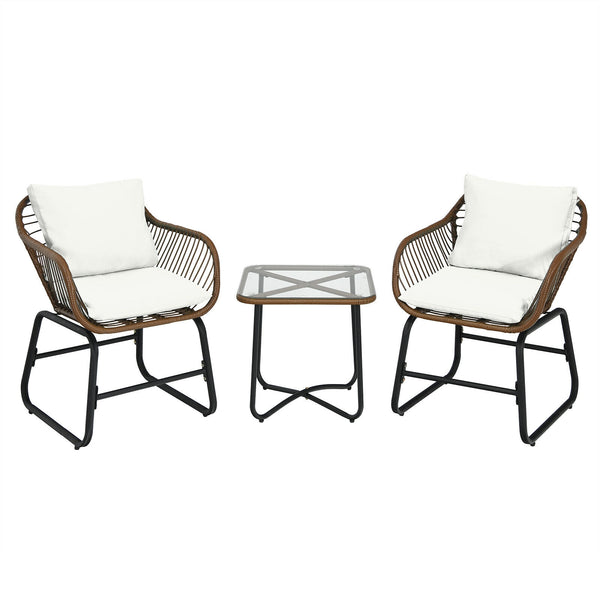 Including 2 x Armchair  1 x Square table  2 x Seat cushion  2 x Back cushion  1 x Instruction <br>Includes 2 armchairs  1 side table and 4 cushions <br>Weather-resistant PE rattan can be used for a long time <br>Armchair with solid construction can hold u