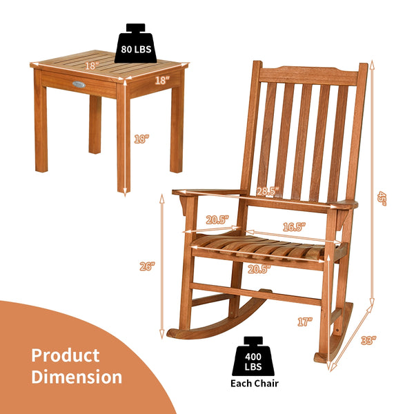 This eucalyptus rocking chair set is perfect for the patio  backyard  porch  garden or beach area. Â  This rocking chair set includes two wood rocking chairs and a coffee table  available for 2 people to relax. The wide backrest with wide batten and ergon