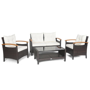 This 4-piece patio rattan conversation set will be a perfect addition to your backyard or other outdoor occasions. Â  Constructed of heavy-duty and anti-rust steel frame  all the loveseat  single sofas and coffee table can withstand strong weight. And the