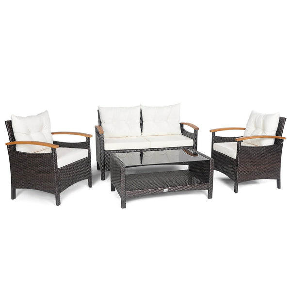 This 4-piece patio rattan conversation set will be a perfect addition to your backyard or other outdoor occasions. Â  Constructed of heavy-duty and anti-rust steel frame  all the loveseat  single sofas and coffee table can withstand strong weight. And the