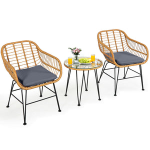 Premium wicker ensures high resistance to weather/sunlight/water<br>Heavy-duty steel frame with rust-resistant powder coated surface<br>High density sponge padded cushions provide great comfort<br>Tempered glass tabletop to place small decor  snacks and d