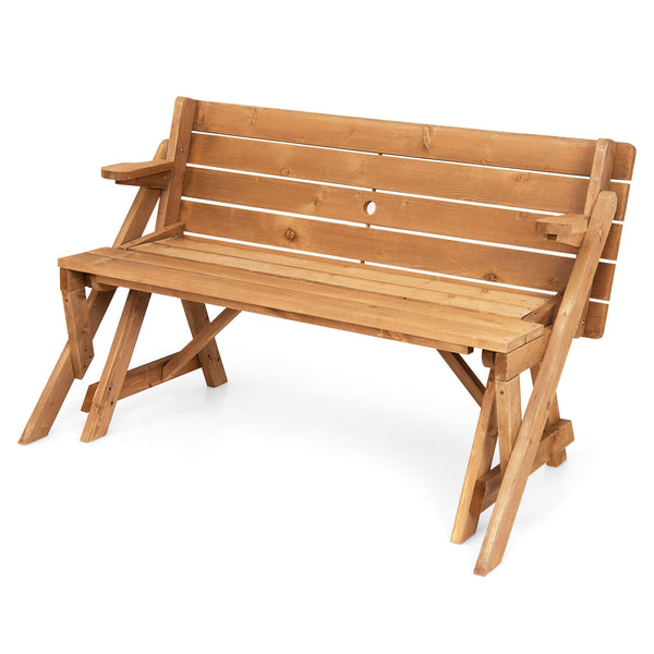 A piece of outdoor furniture that combines a picnic table and garden bench as one for great convenience! Â  When it serves as an outdoor picnic table  it can accommodate 4 people  which is great for outdoor gatherings. Meanwhile  the built-in umbrella hol