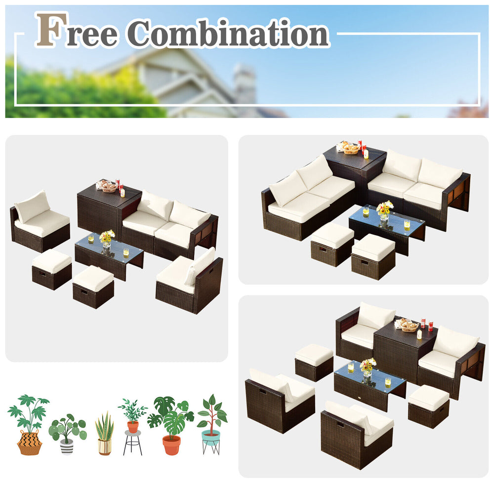8-piece seat for more creative combinations Fetch different belongings with ease because of the practical coffee table Sturdier and safer to use with high quality tempered glass tabletop Soft and thick cushions for ultimate coziness Hold the ottomans' cus