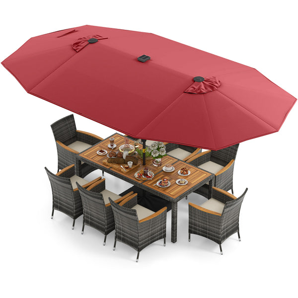 Hand-woven mix gray PE rattan for fade resistance and sun protection<br>Solid acacia wood for natural beauty and high strength<br>High-quality umbrella fabric for long-lasting service time<br>Tuck 6 chairs under the table  saving your outdoor space<br>Sof