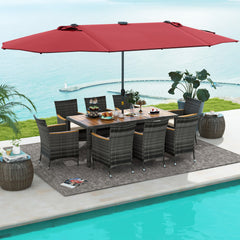 Hand-woven mix gray PE rattan for fade resistance and sun protection<br>Solid acacia wood for natural beauty and high strength<br>High-quality umbrella fabric for long-lasting service time<br>Tuck 6 chairs under the table  saving your outdoor space<br>Sof