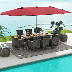 Hand-woven mix gray PE rattan for fade resistance and sun protection<br>Solid acacia wood for natural beauty and high strength<br>High-quality umbrella fabric for long-lasting service time<br>Tuck 6 chairs under the table  saving your outdoor space<br>Sof