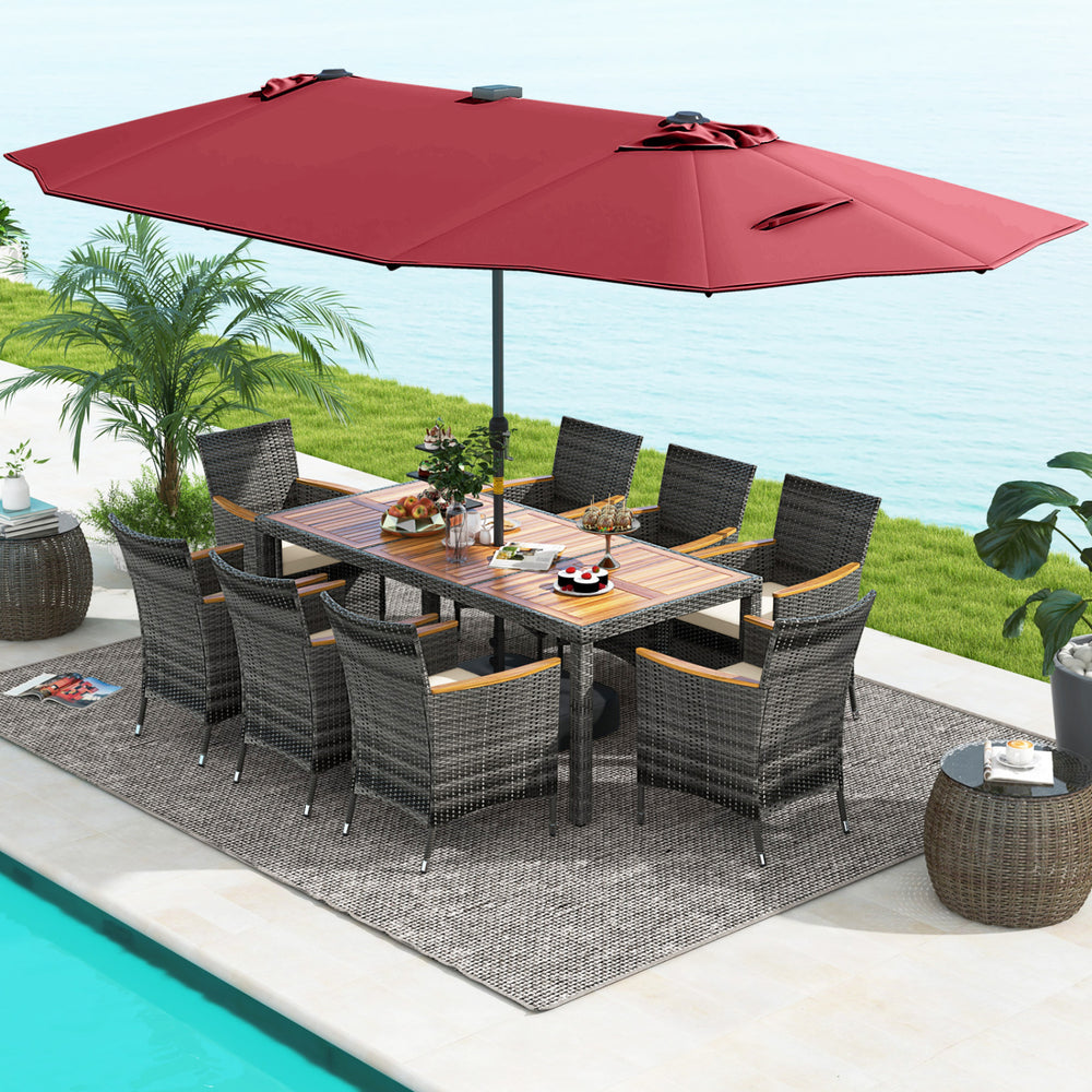 Hand-woven mix gray PE rattan for fade resistance and sun protection<br>Solid acacia wood for natural beauty and high strength<br>High-quality umbrella fabric for long-lasting service time<br>Tuck 6 chairs under the table  saving your outdoor space<br>Sof