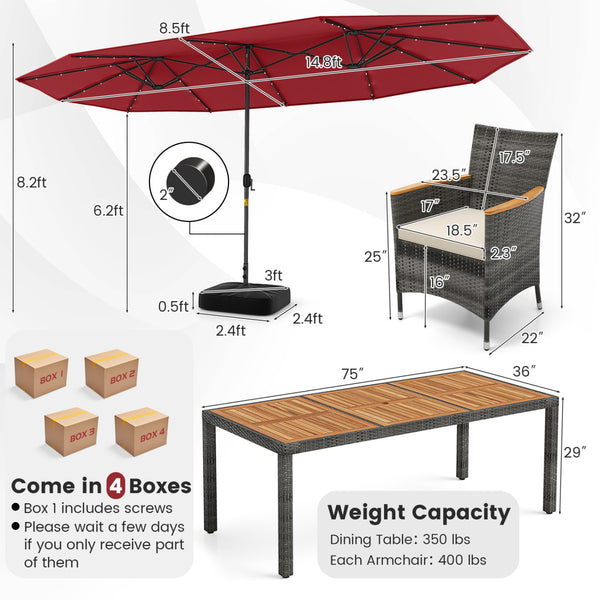 Hand-woven mix gray PE rattan for fade resistance and sun protection<br>Solid acacia wood for natural beauty and high strength<br>High-quality umbrella fabric for long-lasting service time<br>Tuck 6 chairs under the table  saving your outdoor space<br>Sof