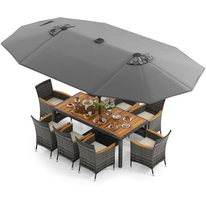Hand-woven mix gray PE rattan for fade resistance and sun protection<br>Solid acacia wood for natural beauty and high strength<br>High-quality umbrella fabric for long-lasting service time<br>Tuck 6 chairs under the table  saving your outdoor space<br>Sof