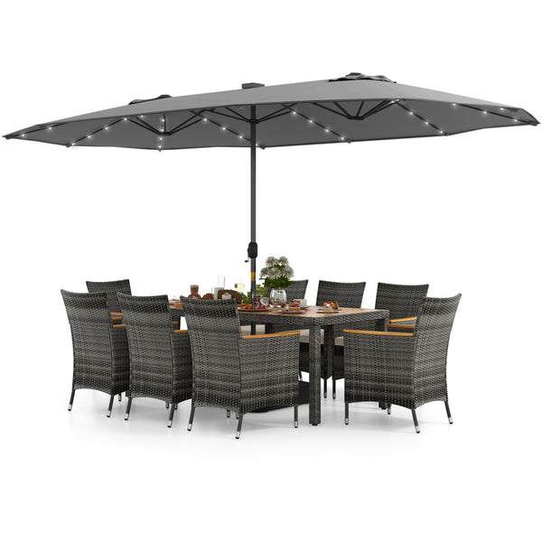 Hand-woven mix gray PE rattan for fade resistance and sun protection<br>Solid acacia wood for natural beauty and high strength<br>High-quality umbrella fabric for long-lasting service time<br>Tuck 6 chairs under the table  saving your outdoor space<br>Sof