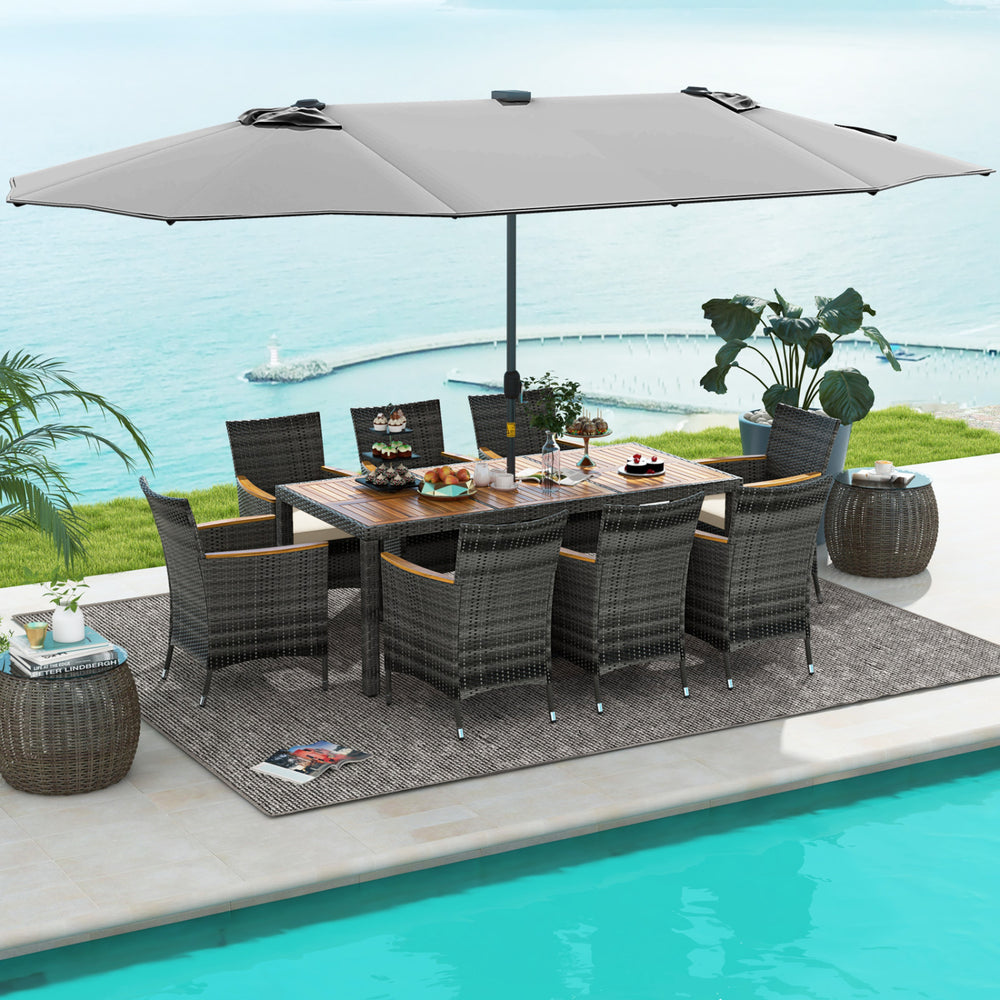 Hand-woven mix gray PE rattan for fade resistance and sun protection<br>Solid acacia wood for natural beauty and high strength<br>High-quality umbrella fabric for long-lasting service time<br>Tuck 6 chairs under the table  saving your outdoor space<br>Sof