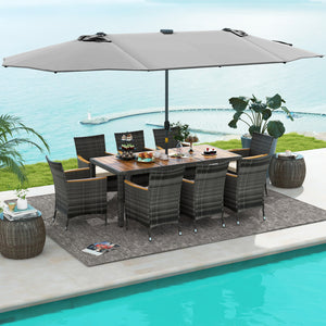 Hand-woven mix gray PE rattan for fade resistance and sun protection<br>Solid acacia wood for natural beauty and high strength<br>High-quality umbrella fabric for long-lasting service time<br>Tuck 6 chairs under the table  saving your outdoor space<br>Sof
