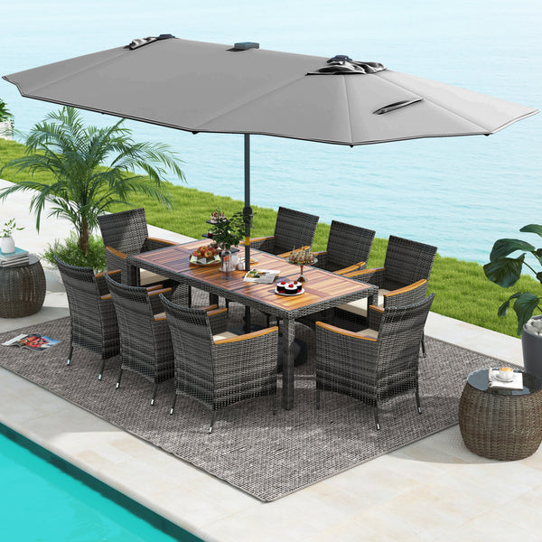 Hand-woven mix gray PE rattan for fade resistance and sun protection<br>Solid acacia wood for natural beauty and high strength<br>High-quality umbrella fabric for long-lasting service time<br>Tuck 6 chairs under the table  saving your outdoor space<br>Sof