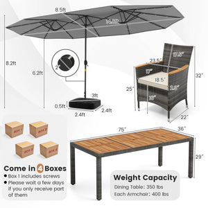 Hand-woven mix gray PE rattan for fade resistance and sun protection<br>Solid acacia wood for natural beauty and high strength<br>High-quality umbrella fabric for long-lasting service time<br>Tuck 6 chairs under the table  saving your outdoor space<br>Sof