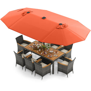 Hand-woven mix gray PE rattan for fade resistance and sun protection<br>Solid acacia wood for natural beauty and high strength<br>High-quality umbrella fabric for long-lasting service time<br>Tuck 6 chairs under the table  saving your outdoor space<br>Sof
