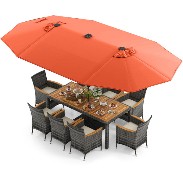 Hand-woven mix gray PE rattan for fade resistance and sun protection<br>Solid acacia wood for natural beauty and high strength<br>High-quality umbrella fabric for long-lasting service time<br>Tuck 6 chairs under the table  saving your outdoor space<br>Sof