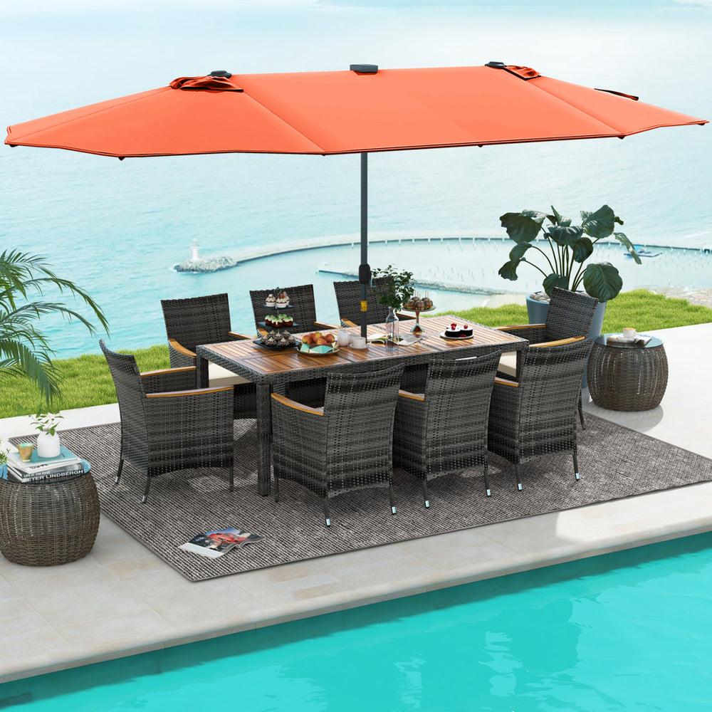 Hand-woven mix gray PE rattan for fade resistance and sun protection<br>Solid acacia wood for natural beauty and high strength<br>High-quality umbrella fabric for long-lasting service time<br>Tuck 6 chairs under the table  saving your outdoor space<br>Sof