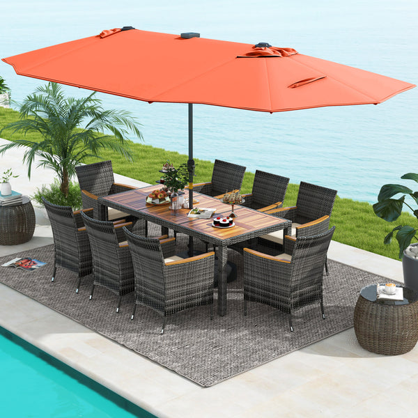 Hand-woven mix gray PE rattan for fade resistance and sun protection<br>Solid acacia wood for natural beauty and high strength<br>High-quality umbrella fabric for long-lasting service time<br>Tuck 6 chairs under the table  saving your outdoor space<br>Sof