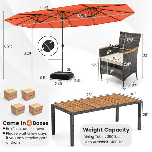 Hand-woven mix gray PE rattan for fade resistance and sun protection<br>Solid acacia wood for natural beauty and high strength<br>High-quality umbrella fabric for long-lasting service time<br>Tuck 6 chairs under the table  saving your outdoor space<br>Sof