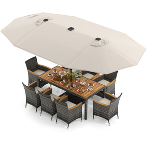 Hand-woven mix gray PE rattan for fade resistance and sun protection<br>Solid acacia wood for natural beauty and high strength<br>High-quality umbrella fabric for long-lasting service time<br>Tuck 6 chairs under the table  saving your outdoor space<br>Sof