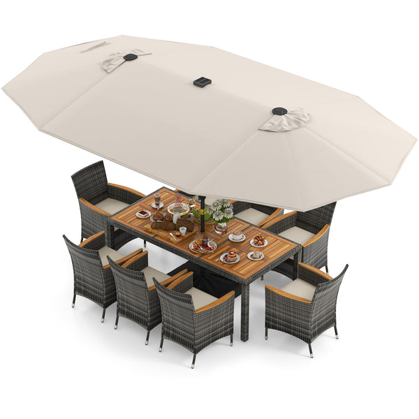 Hand-woven mix gray PE rattan for fade resistance and sun protection<br>Solid acacia wood for natural beauty and high strength<br>High-quality umbrella fabric for long-lasting service time<br>Tuck 6 chairs under the table  saving your outdoor space<br>Sof