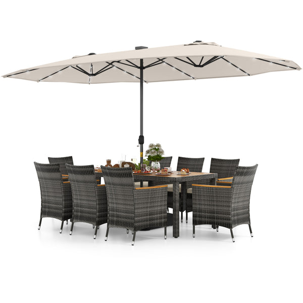 Hand-woven mix gray PE rattan for fade resistance and sun protection<br>Solid acacia wood for natural beauty and high strength<br>High-quality umbrella fabric for long-lasting service time<br>Tuck 6 chairs under the table  saving your outdoor space<br>Sof