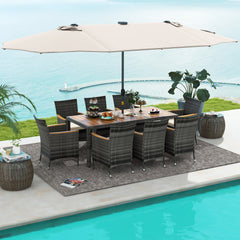 Hand-woven mix gray PE rattan for fade resistance and sun protection<br>Solid acacia wood for natural beauty and high strength<br>High-quality umbrella fabric for long-lasting service time<br>Tuck 6 chairs under the table  saving your outdoor space<br>Sof