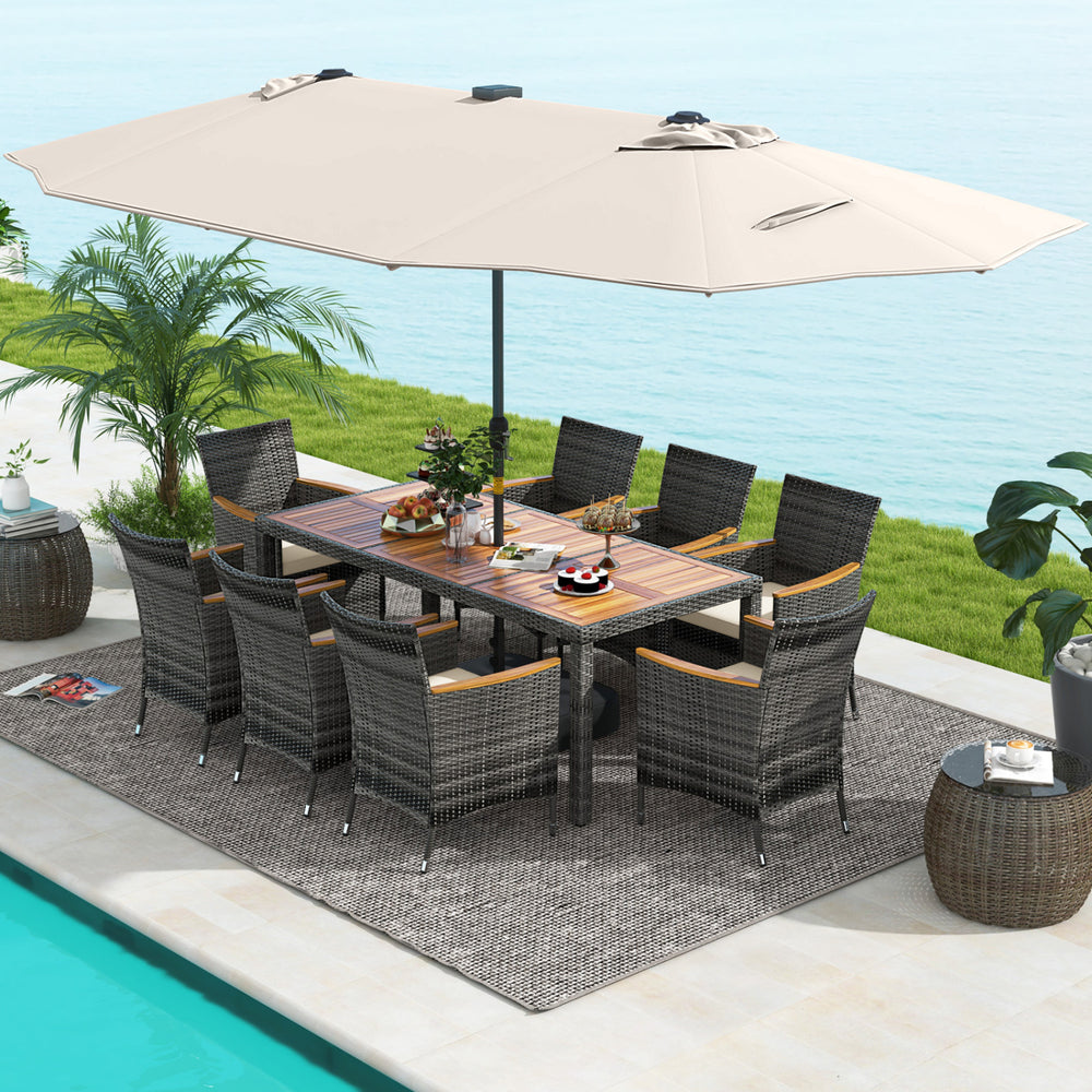 Hand-woven mix gray PE rattan for fade resistance and sun protection<br>Solid acacia wood for natural beauty and high strength<br>High-quality umbrella fabric for long-lasting service time<br>Tuck 6 chairs under the table  saving your outdoor space<br>Sof