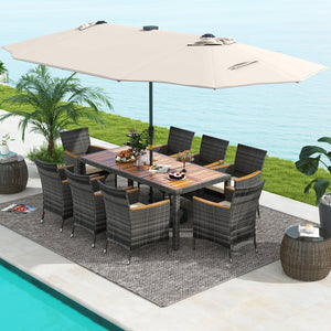 Hand-woven mix gray PE rattan for fade resistance and sun protection<br>Solid acacia wood for natural beauty and high strength<br>High-quality umbrella fabric for long-lasting service time<br>Tuck 6 chairs under the table  saving your outdoor space<br>Sof