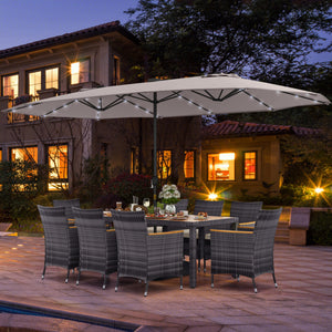 Hand-woven mix gray PE rattan for fade resistance and sun protection<br>Solid acacia wood for natural beauty and high strength<br>High-quality umbrella fabric for long-lasting service time<br>Tuck 6 chairs under the table  saving your outdoor space<br>Sof