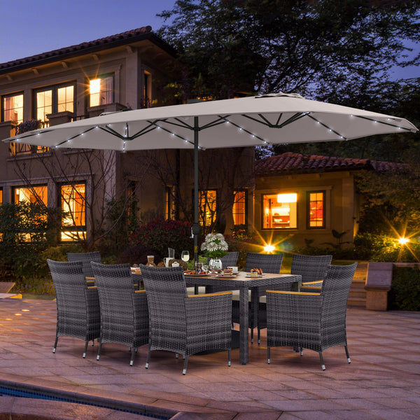 Hand-woven mix gray PE rattan for fade resistance and sun protection<br>Solid acacia wood for natural beauty and high strength<br>High-quality umbrella fabric for long-lasting service time<br>Tuck 6 chairs under the table  saving your outdoor space<br>Sof