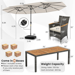 Hand-woven mix gray PE rattan for fade resistance and sun protection<br>Solid acacia wood for natural beauty and high strength<br>High-quality umbrella fabric for long-lasting service time<br>Tuck 6 chairs under the table  saving your outdoor space<br>Sof