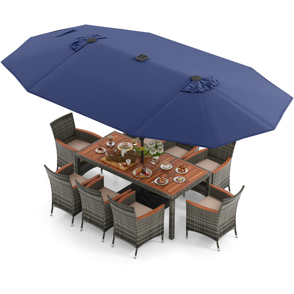 Hand-woven mix gray PE rattan for fade resistance and sun protection<br>Solid acacia wood for natural beauty and high strength<br>High-quality umbrella fabric for long-lasting service time<br>Tuck 6 chairs under the table  saving your outdoor space<br>Sof